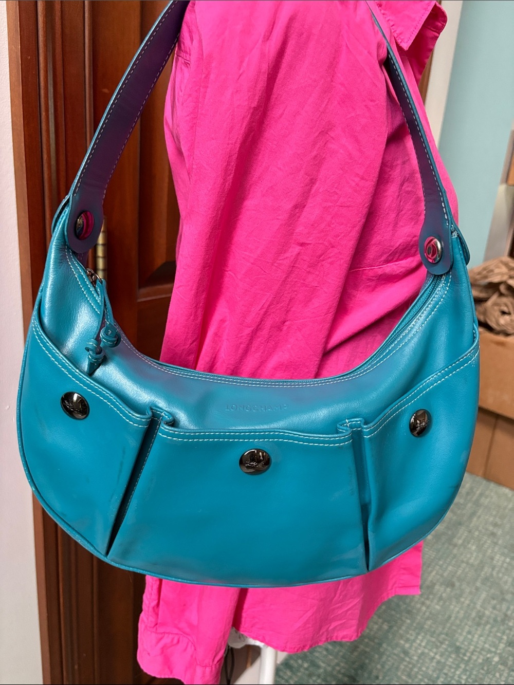 Longchamp hobo bag Shoulder Bag leather Teal gun metal HW 3 front pockets refurb